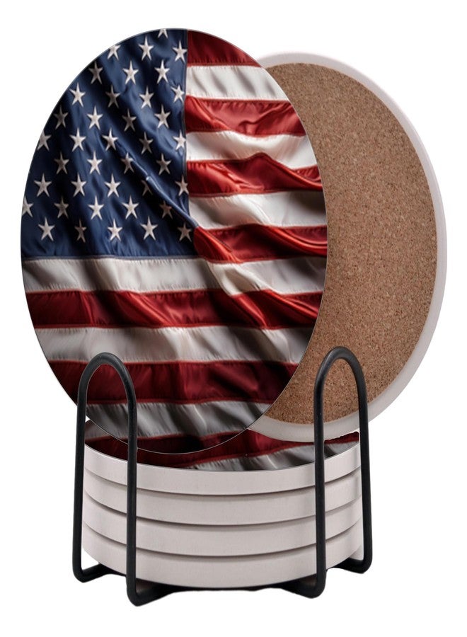 DAJDC Wavy USA American Flag United States Round Coasters Set of 6 - Abosrbent Ceramic with Metal Stand for Drinks, Coffee, Non-Slip Cork Back for Tabletop Protection, 4 Inches - Image 1